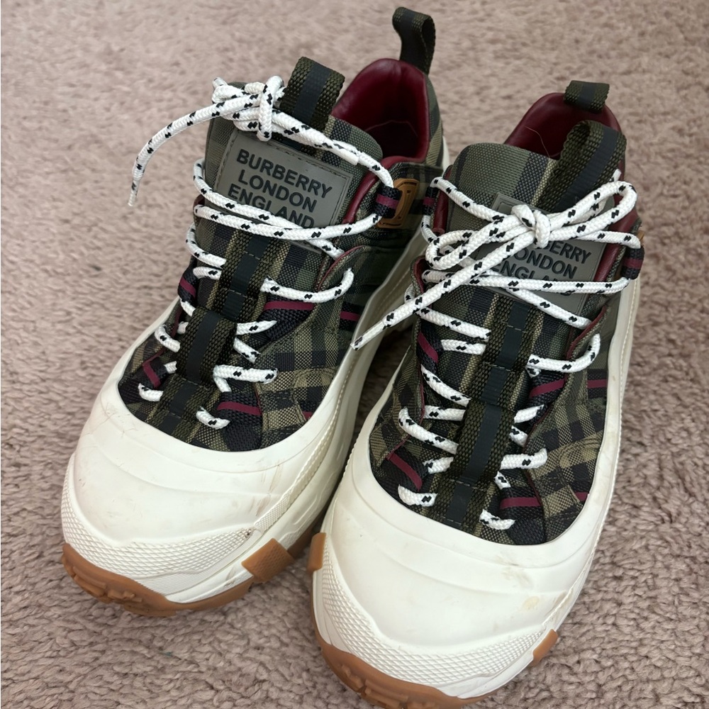 Burberry Olive and Red Check Sneakers
